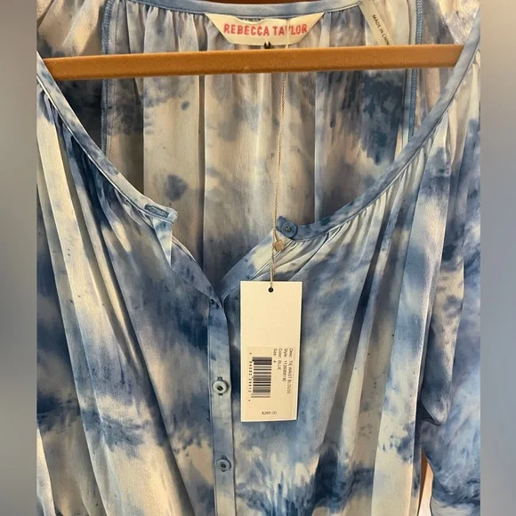 NWT Rebecca Taylor Sky Blue Tie-Dye silk  Blouse size 4 - Picture 2 of 6
